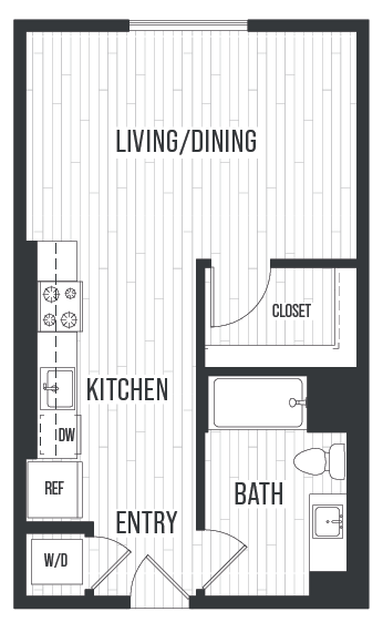 Floor plan for studio, 1 bath, 528 sqft